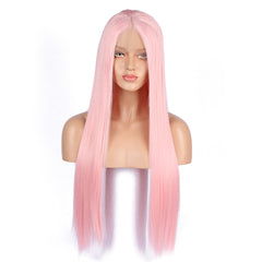 Lace Front Synthetic Hair Chemical fiber high temperature silk wig front lace pink straight hair factory direct sales cross-border hot selling lace wig for women lady darger cosplay