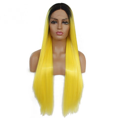 Synthetic lace front wigs for women black ombre yellow long straight