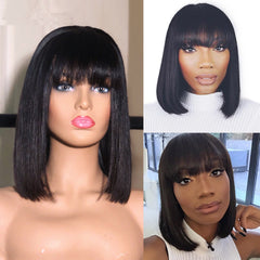 Machine Made None Lace Human hair wigs 12inch natural black