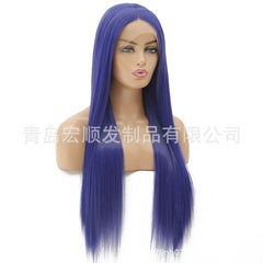 Synthetic lace front wigs for women blue color long straight