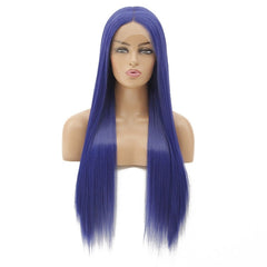 Synthetic lace front wigs for women blue color long straight