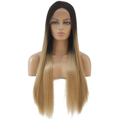 Synthetic lace front wigs for women black ombre dark yellow long straight