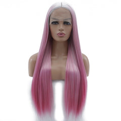 Synthetic lace front wigs for women ombre dark pink color long straight