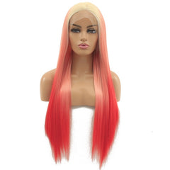 Synthetic lace front wigs for women yellow ombre pink color long straight