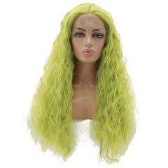 Synthetic lace front wigs for women light green deep wave long