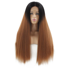 Synthetic lace front wigs for women black ombre brown color long straight