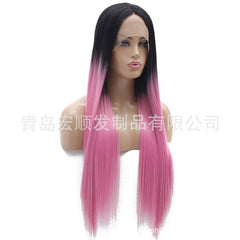 Synthetic lace front wigs for women black ombre pink long straight