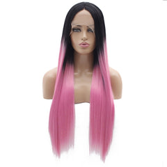 Synthetic lace front wigs for women black ombre pink long straight