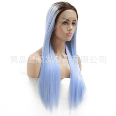 Synthetic lace front wigs for women ombre light blue color long straight