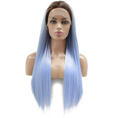 Synthetic lace front wigs for women ombre light blue color long straight