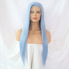 Light Sky Blue Straight Hand Tied Synthetic Lace Front Wig