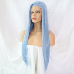 Light Sky Blue Straight Hand Tied Synthetic Lace Front Wig